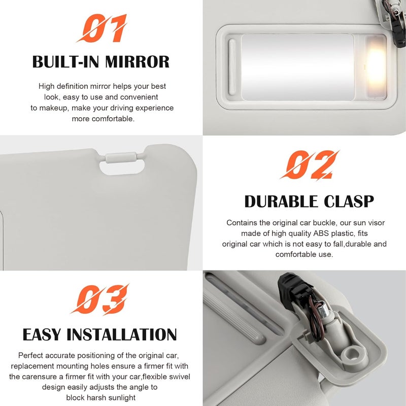 ILONPA Gray Passenger Right Side Sun Visor with Built-in Light - Image 4