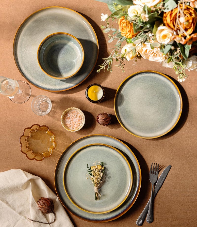 TheTerra Ceramic Dinnerware Sets for 4, 12 Pieces Handmade Reactive Glaze Plates and Bowls Set, Scratch Resistant Dish Set, Oven & Microwave & Dishwasher Safe, Dusk Blue - Image 3