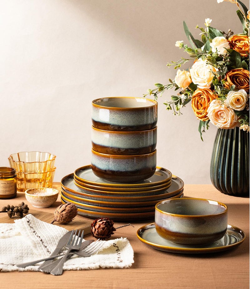 TheTerra Ceramic Dinnerware Sets for 4, 12 Pieces Handmade Reactive Glaze Plates and Bowls Set, Scratch Resistant Dish Set, Oven & Microwave & Dishwasher Safe, Dusk Blue - Image 5
