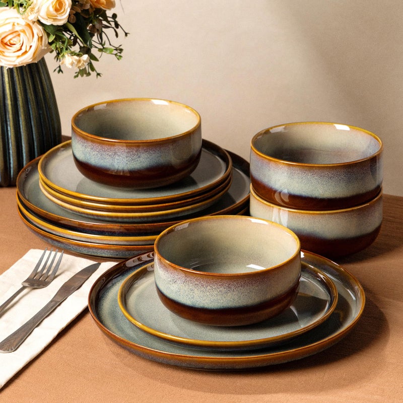 TheTerra Ceramic Dinnerware Sets for 4, 12 Pieces Handmade Reactive Glaze Plates and Bowls Set, Scratch Resistant Dish Set, Oven & Microwave & Dishwasher Safe, Dusk Blue - Image 1