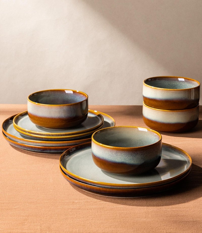 TheTerra Ceramic Dinnerware Sets for 4, 12 Pieces Handmade Reactive Glaze Plates and Bowls Set, Scratch Resistant Dish Set, Oven & Microwave & Dishwasher Safe, Dusk Blue - Image 4