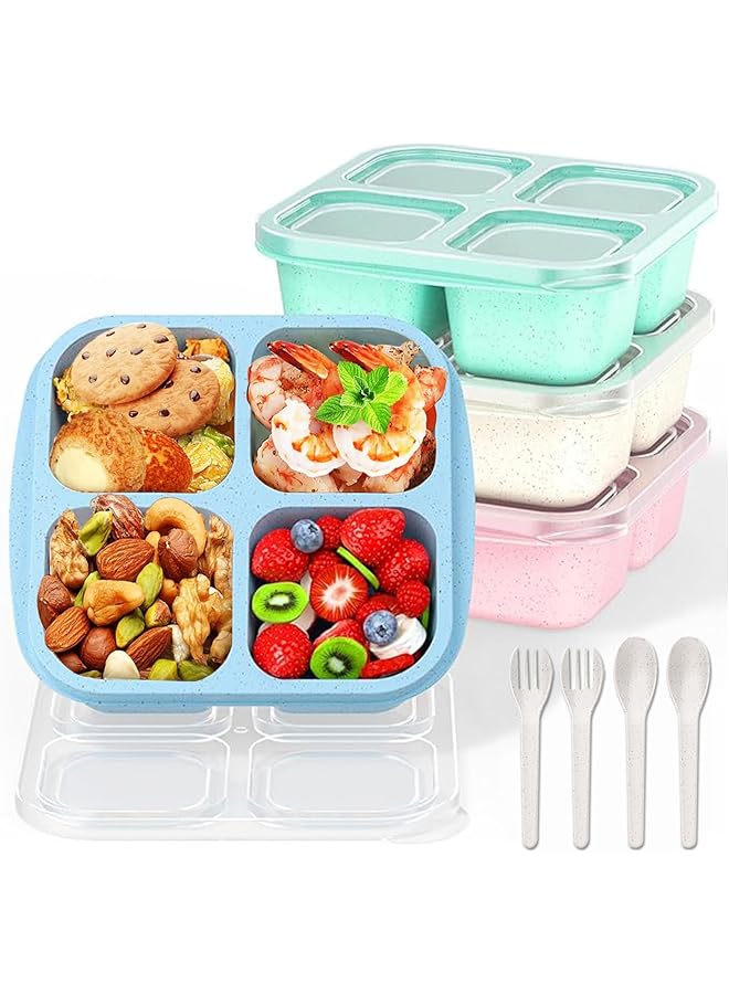 Green Tiger Lunch Box, 4 Pack Snack Box, Reusable Meal Prep Lunch Containers for Kids Adults, Food Storage for School Office, 4 Compartment Compact Stackable Wheat Bento Box (Green/Blue/Pink/Beige) - Image 1