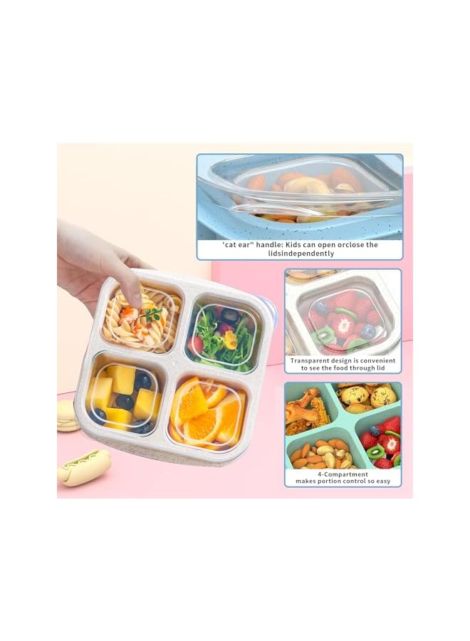 Green Tiger Lunch Box, 4 Pack Snack Box, Reusable Meal Prep Lunch Containers for Kids Adults, Food Storage for School Office, 4 Compartment Compact Stackable Wheat Bento Box (Green/Blue/Pink/Beige) - Image 3