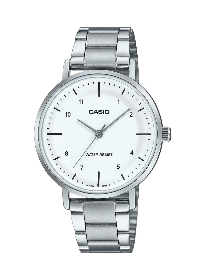 CASIO ساعة نسائية من الفولاذ المقاوم للصدأ بقرص مقعر أبيض بتقنية الكوارتز التناظري LTP-VT03D-7B