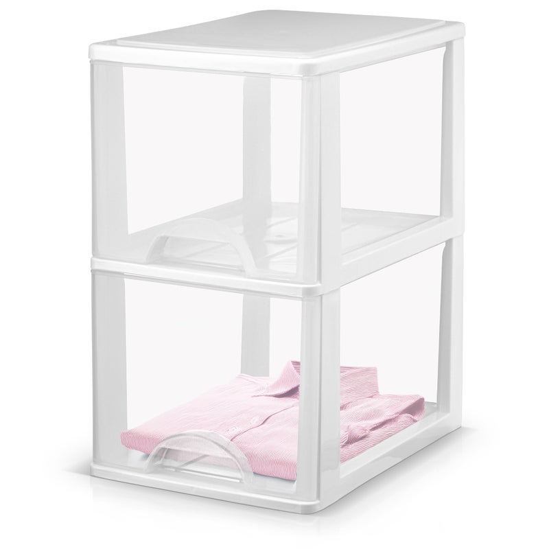 Tribello Plastic Small 2-Drawer Storage Organizer, Slim Narrow, White/Clear Crafts Drawers Storage Organizer (13"H x 10"D x 7"W) - Image 1