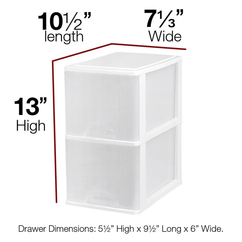 Tribello Plastic Small 2-Drawer Storage Organizer, Slim Narrow, White/Clear Crafts Drawers Storage Organizer (13"H x 10"D x 7"W) - Image 2
