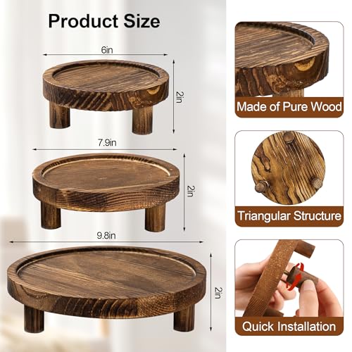 Lengba 3 Pcs Wooden Display Risers Round Wood Pedestal Stand Mini Plant Tray Stand, 10-6 Inch Rustic-style decorative shelf for Displaying Plants and Candles (Brown) - Image 2