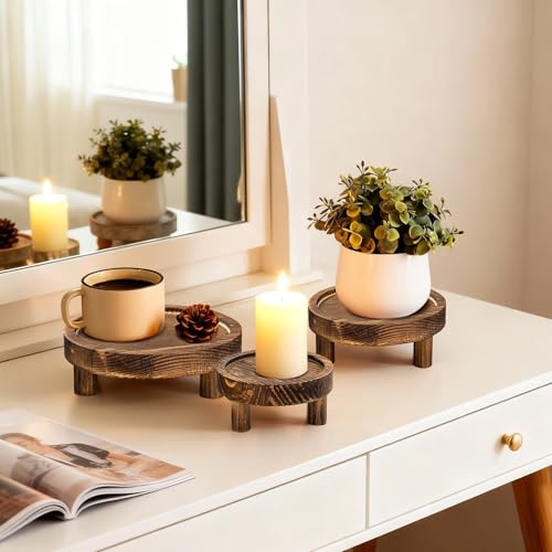 Lengba 3 Pcs Wooden Display Risers Round Wood Pedestal Stand Mini Plant Tray Stand, 10-6 Inch Rustic-style decorative shelf for Displaying Plants and Candles (Brown) - Image 3