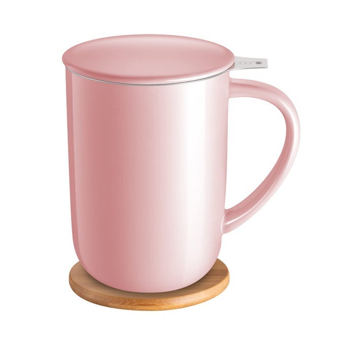 PORCELAIN TEA MUG WITH INFUSER AND LID TEAWARE WITH FILTER AND COASTER LOOSE LEAF TEA CUP STEEPER MAKER 16 OZ FOR TEACOFFEEMILKWOMENOFFICEHOMEGIFT PINK