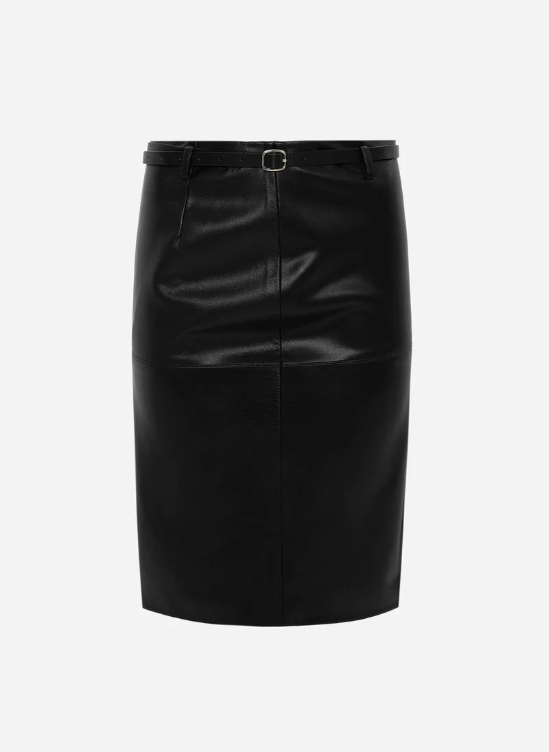Lichi  Knee-length eco-leather skirt with a front slit and a belt for Women | Best Price UAE