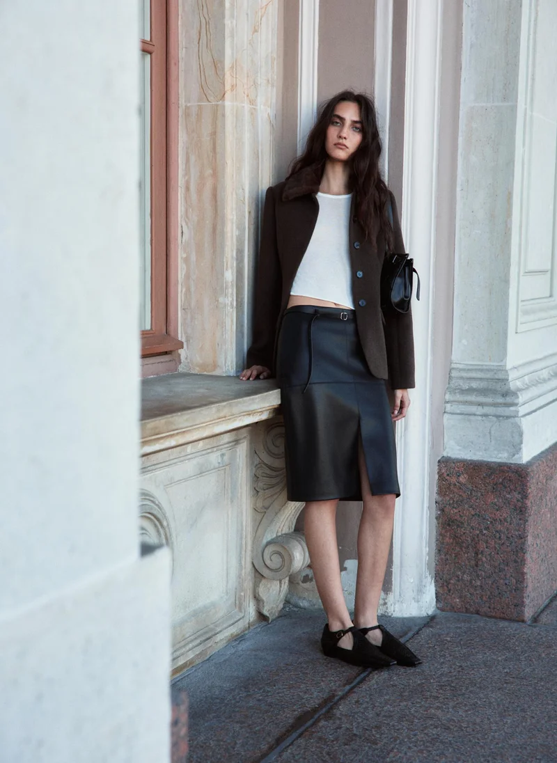 Lichi  Knee-length eco-leather skirt with a front slit and a belt for Women | Best Price UAE