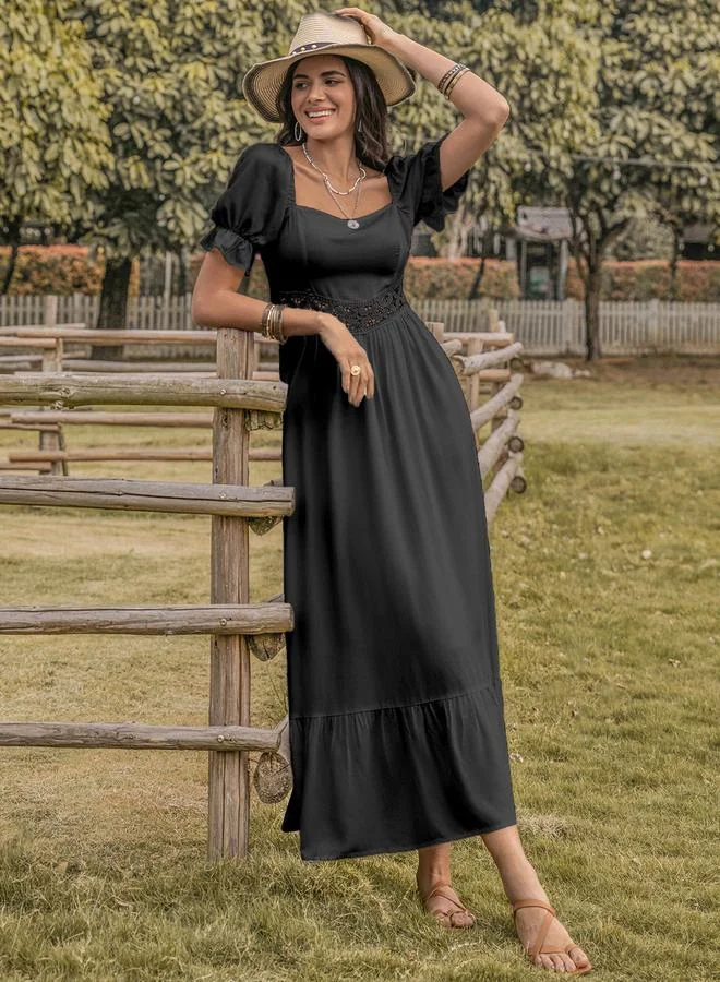 Take Two Take Two Square Neck Lace Insert A-Line Maxi Dress