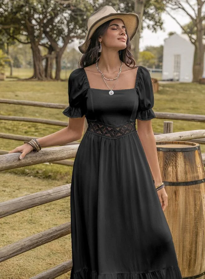 Take Two Take Two Square Neck Lace Insert A-Line Maxi Dress