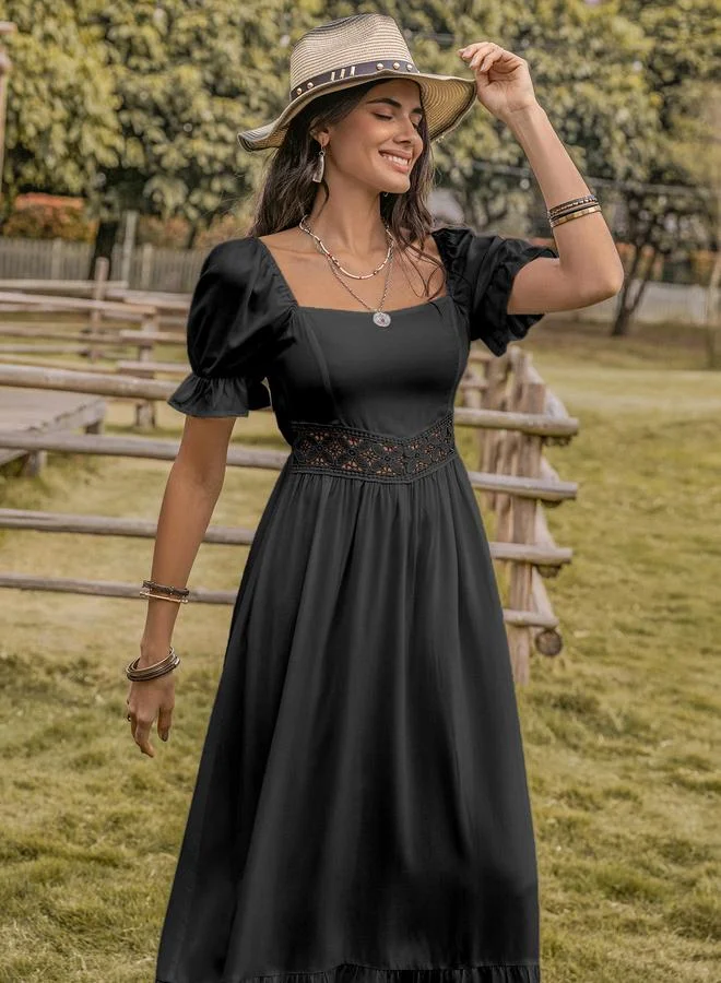 Take Two Take Two Square Neck Lace Insert A-Line Maxi Dress