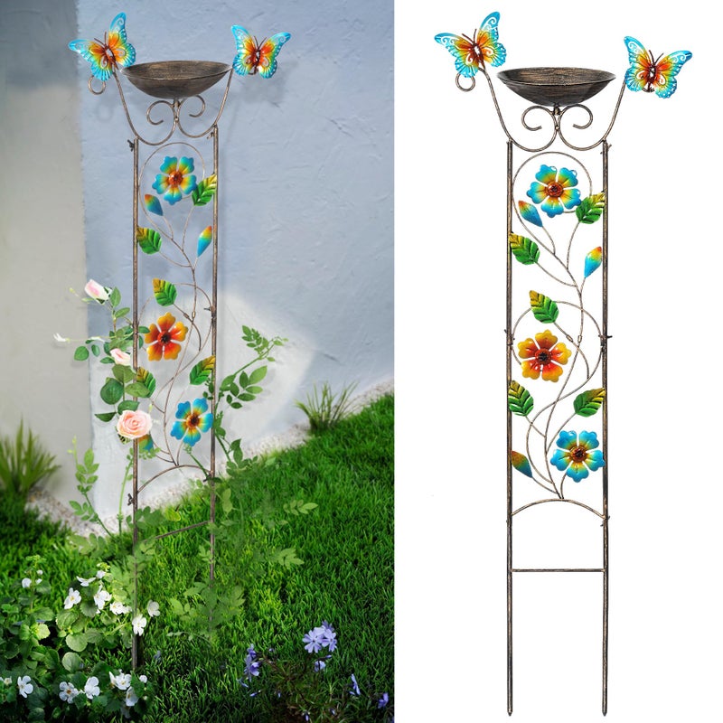 SUNNYPARK Bird Bath with Trellis Outdoor, Antique Garden Iron Plant Trellis with Decorative Floral-Butterflies Detachable Bird Bath Bowl Metal Potted Plants Support for Climbing Flowers - Image 1