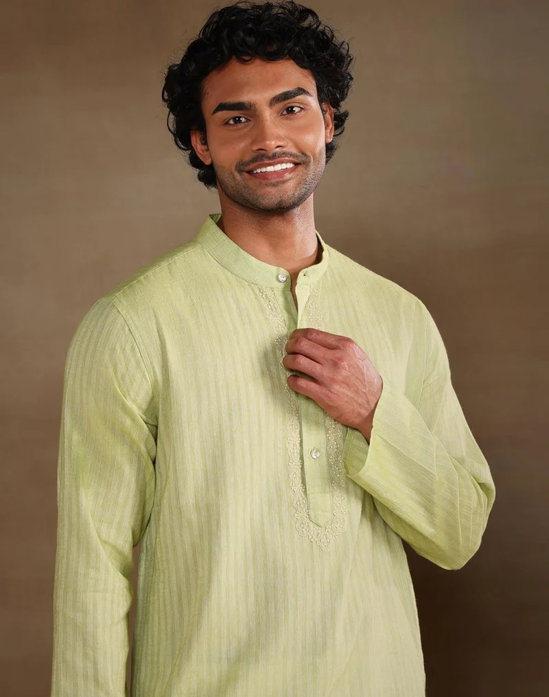 Fabindia  Green Cotton Chikankari Long Kurta for Men | Best Price UAE