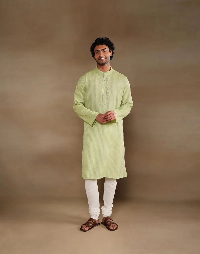 فاب انديا Green Cotton Chikankari Long Kurta