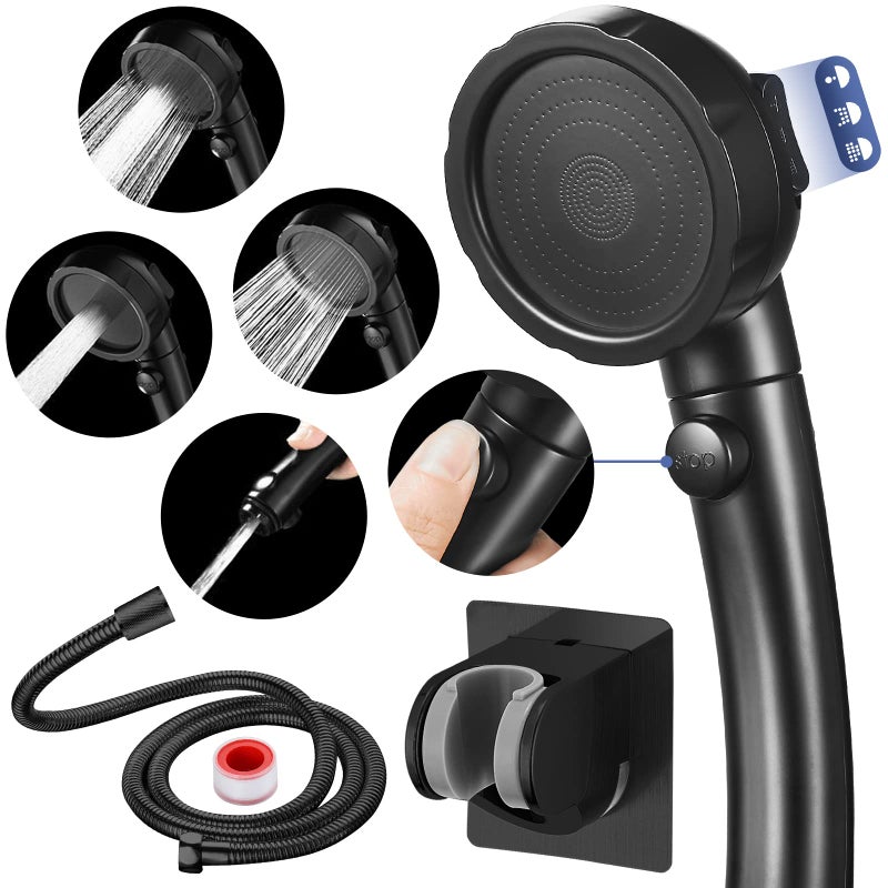 HANLIAN High Pressure Shower Head with Pause Button, 3 Spray Modes Shower Head for RV Camper, Water Saving On Off Shower, Handheld Shower Head with Hose and Adjustable Self-adhesive Holder (Black) - Image 1