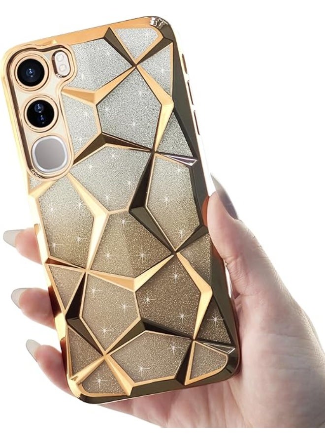 Compatible with Vivo V40 Lite Case Plating Bling Gradient Glitter Clear Cover Soft TPU Silicone Cute Camera Protection Shockproof Back for Women Girls Case - Gold