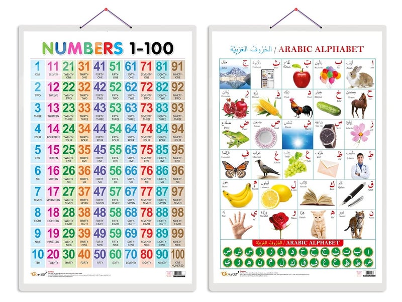 GoWoo Set Of 2 Numbers 1-100 And Arabic Alphabetarabic) Early Learning Educational Charts For Kids|20"X30" Inch|Non-Tearable And Waterproof|Double Sided Laminated - Image 1