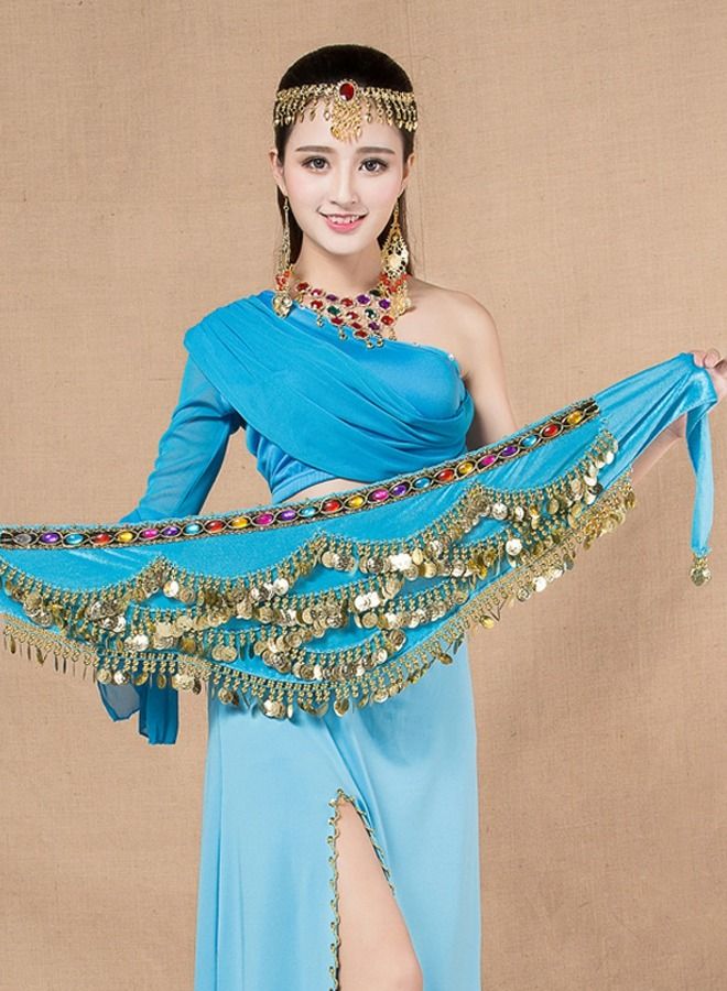 Loquat Coins Pendant Diamond Waist Chain Skirt Belly Dance Waist Wrap Belt Skirts Party Rave Costume Lake Blue