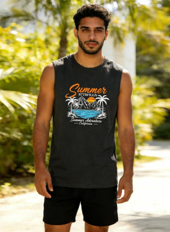 Take Two Men Charcoal Graphic Print Round Neck Tank and Shorts Co-Ords - Image 1
