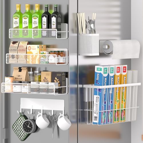 DTUQYX Magnetic Spice Rack for Refrigerator, 7 Pack 100% Metal Strong Magnet Shelf, Spice Organizer W/ Paper Towel Holder, Hook Rack, Utensil Caddy & Cutting Board Holder, Home Kitchen Organization (White) - Image 1