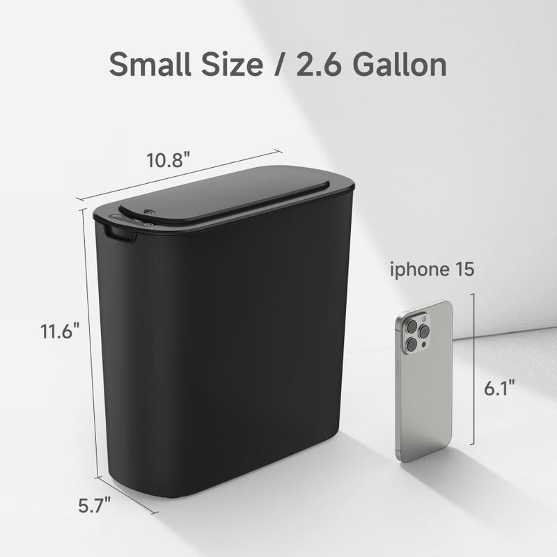 TIPGO Automatic Motion Sensor Bathroom Trash Can with Lid, 2.6 Gallon Touchless Trash Bin, Smart Garbage Can Plastic Slim Wastebasket for Bedroom, Office, Dorm (Black) - Image 3