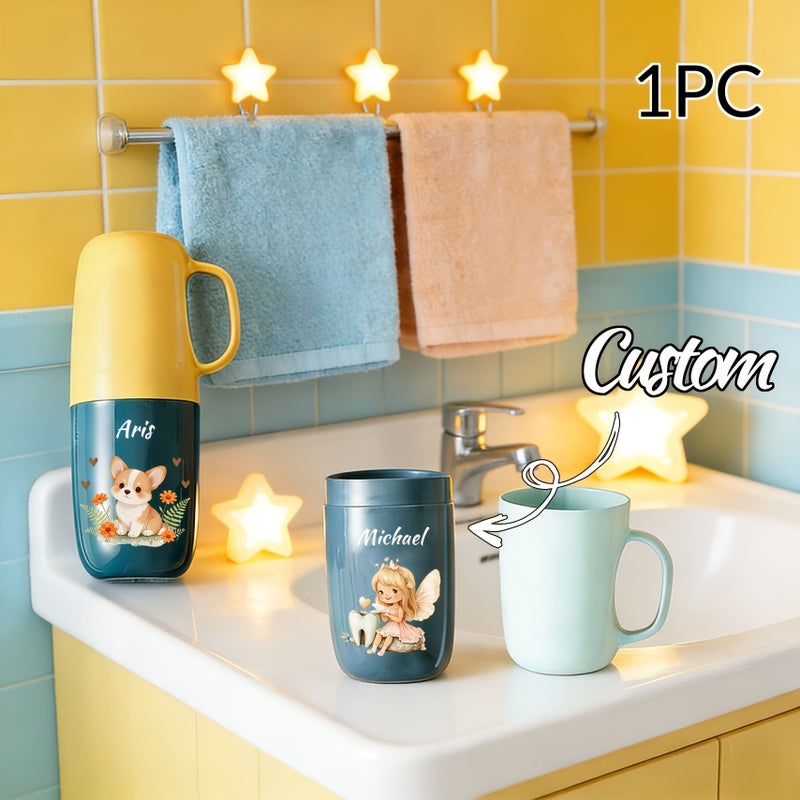 1 Pc Personalized Color Blocked Toothbrush Cup Blue Contrast Color Custom Cartoon Prints Abs Material Travel Case For Dorm Hotels Homes Offices Birthdays Anniversaries - Image 2
