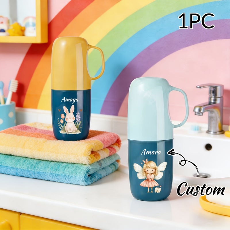 1 Pc Personalized Color Blocked Toothbrush Cup Blue Contrast Color Custom Cartoon Prints Abs Material Travel Case For Dorm Hotels Homes Offices Birthdays Anniversaries - Image 1
