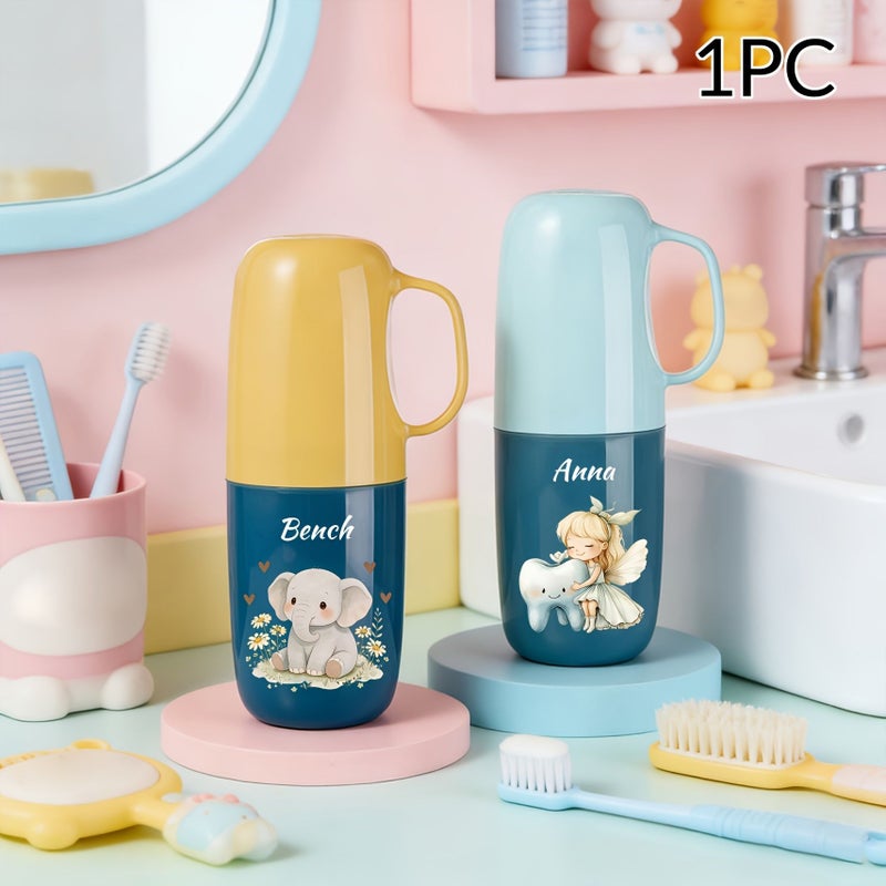 1 Pc Personalized Color Blocked Toothbrush Cup Blue Contrast Color Custom Cartoon Prints Abs Material Travel Case For Dorm Hotels Homes Offices Birthdays Anniversaries - Image 4