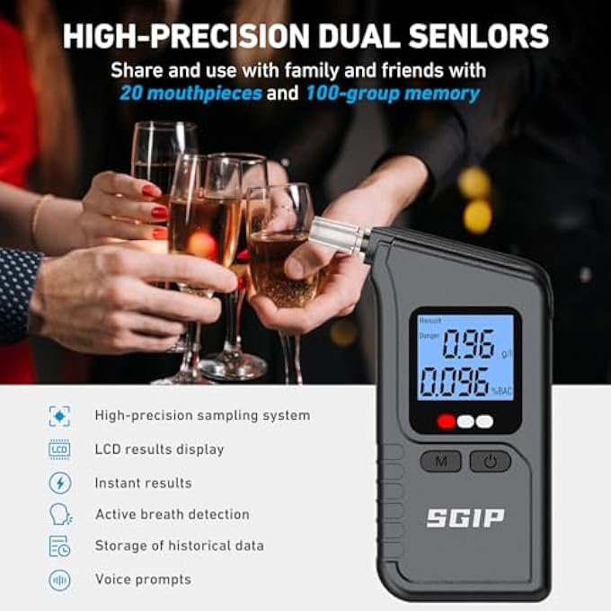 rayihni Alcohol Tester, Police Accurate Per Mille Meter with Two Sensors, Professional Digital Alcohol Meter, Alcohol Tester for Private Professional, with 20 Mouthpieces - Image 3