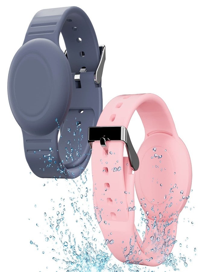AGMZ Waterproof Bracelet Compatible with Airtag (1st & 2nd Gen) for Kid, 2 Pack Soft Silicone Hidden Wristband, Lightweight Tracker Watch Band Compatible with Apple Air Tag for Child, Grey Blue & Pink - Image 1
