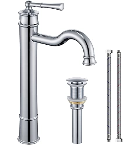 WINKEAR Vessel Sink Faucet Chrome Bathroom Tall Faucet Single Hole DeckMount Pop up Drain Assembly Without Overflow Water Supply Lines Included - Image 1