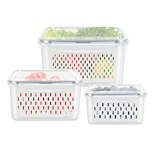 TBMAXS 3 Pack Fruit Storage Containers for Fridge, Produce Saver Vegetable Container with Drain Colanders - Refrigerator Organizer for Lettuce Berry Keepers - Image 1
