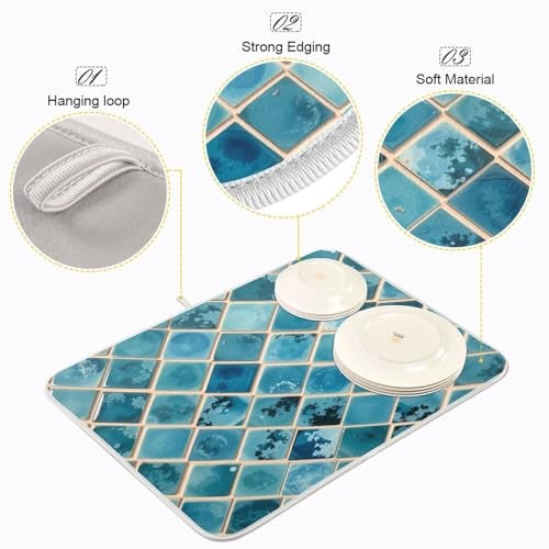 Kcldeci Turquoise Marble Dish Drying Mats for Kitchen 16x18 inch Drying Pad Dish Drainer Mat Kitchen Counter Mat Dish Drainer Mat L - Image 4