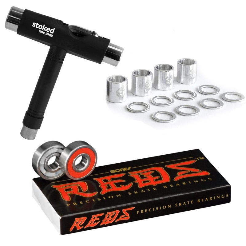 Bones Reds Bearings for [Skateboards, Longboards, Scooters, Spinners] (8 Pack (w/Dragon Spacers, Washers & Stoked Tool)) - Image 1