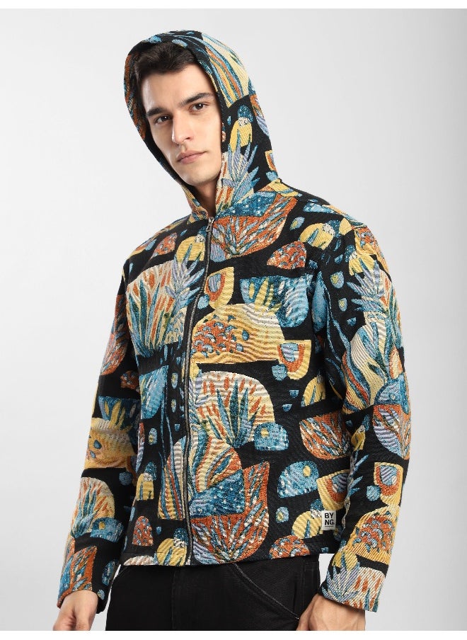 Beyoung - Black Tropical Print Hoodie Shacket - Image 1