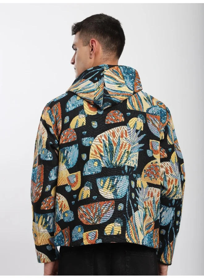 Beyoung Black Tropical Print Hoodie Shacket