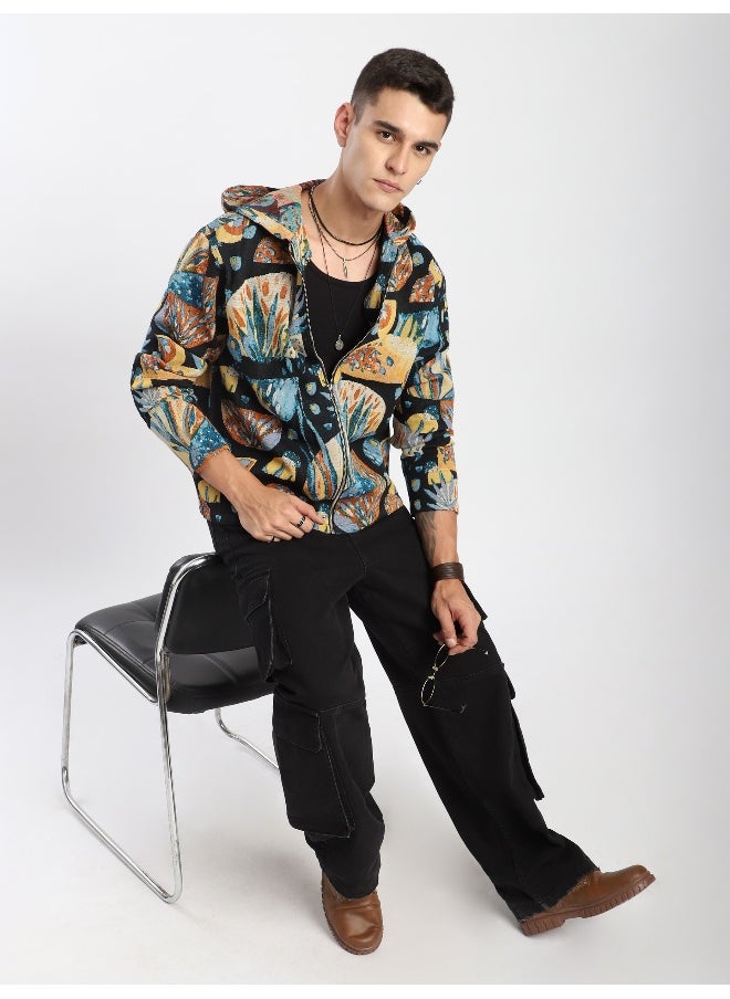 Beyoung - Black Tropical Print Hoodie Shacket - Image 1