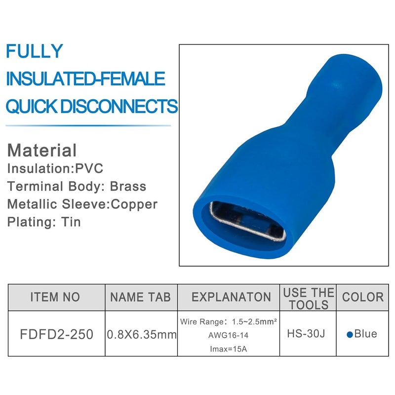 Blue 2-250 Female Fully Insulated Electrical Connectors for 1.5-2.5mm Tinned Copper Cables and Wires, Max Current 15A (50) - Image 4