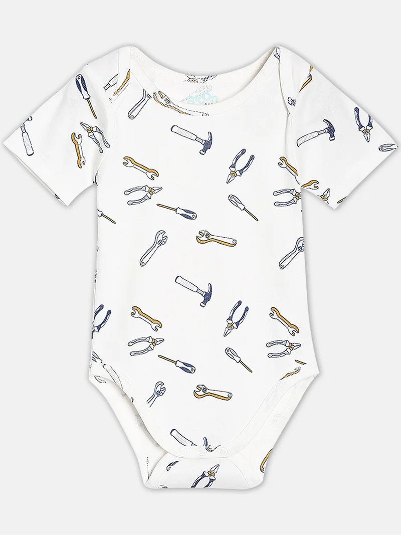 Broon Broon Infant Boys White and Mustard Printed Organic Cotton Bodysuit Pack of 2
