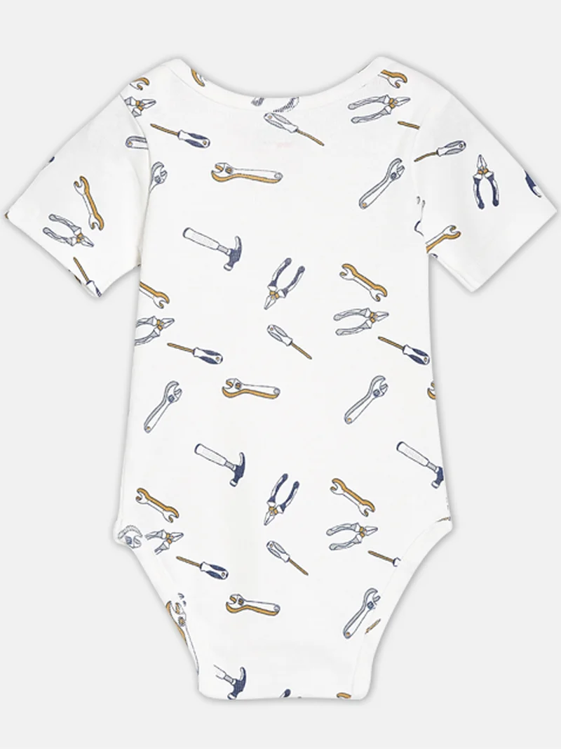 Broon Broon Infant Boys White and Mustard Printed Organic Cotton Bodysuit Pack of 2