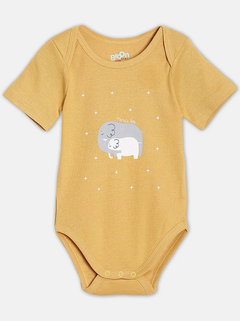 Broon Broon Infant Boys White and Mustard Printed Organic Cotton Bodysuit Pack of 2