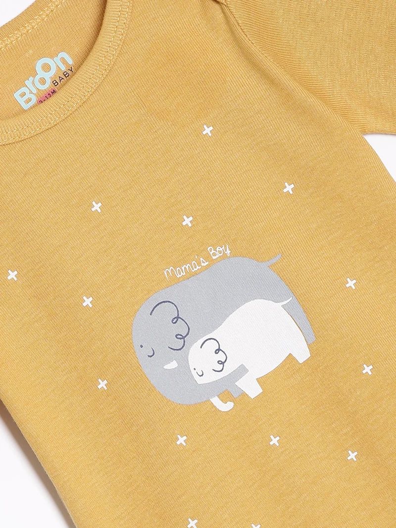 Broon Broon Infant Boys White and Mustard Printed Organic Cotton Bodysuit Pack of 2