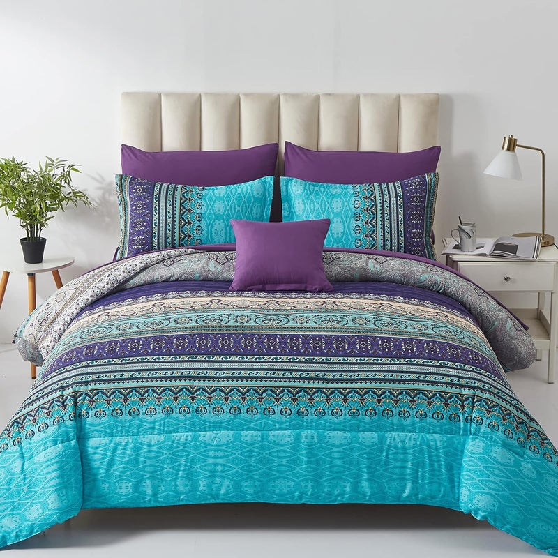 Cottolester Boho Comforter Set Queen Size 8 Piece Bed in a Bag Bohemian Striped Bedding Quilt Set Aqua Paisley Floral Comforter and Sheet Set,Soft Microfiber Complete Bedding Sets for All Season - Image 1