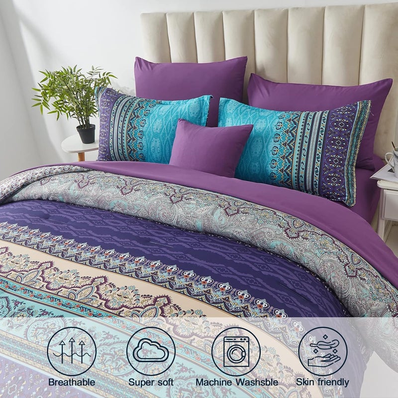 Cottolester Boho Comforter Set Queen Size 8 Piece Bed in a Bag Bohemian Striped Bedding Quilt Set Aqua Paisley Floral Comforter and Sheet Set,Soft Microfiber Complete Bedding Sets for All Season - Image 2