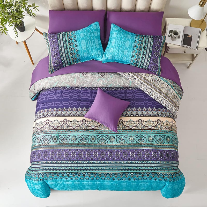 Cottolester Boho Comforter Set Queen Size 8 Piece Bed in a Bag Bohemian Striped Bedding Quilt Set Aqua Paisley Floral Comforter and Sheet Set,Soft Microfiber Complete Bedding Sets for All Season - Image 3