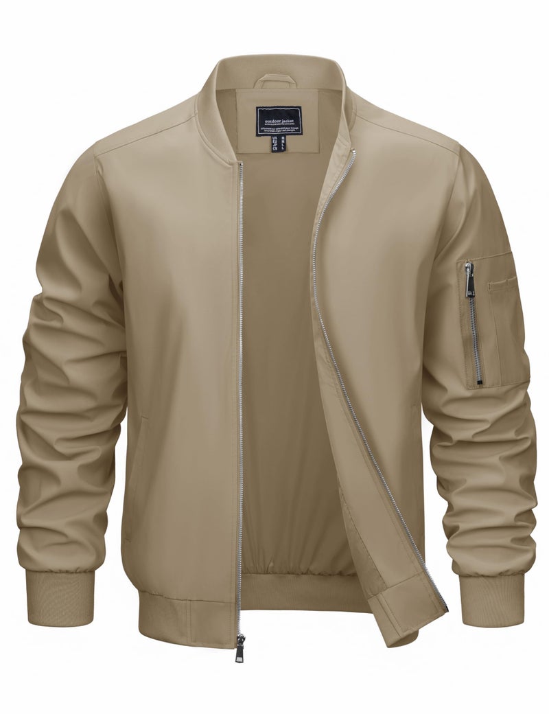 CRYSULLY Men's Lightweight Bomber Jacket Full Zipper Windbreaker Long Sleeve Fall Jackets Streetwear Khaki XXL - Image 1