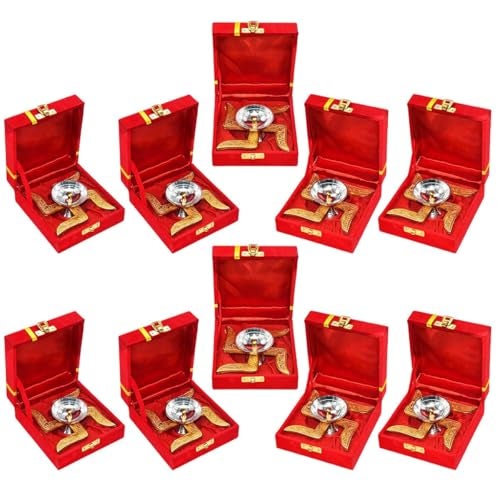 Saugat Traders Bulk Marriage Return Gifts Pack of 10 Swastik Diya with Velvet Gift Box Bulk Return Gifts for Wedding Housewarming Pooja Function Gift Items - Image 1